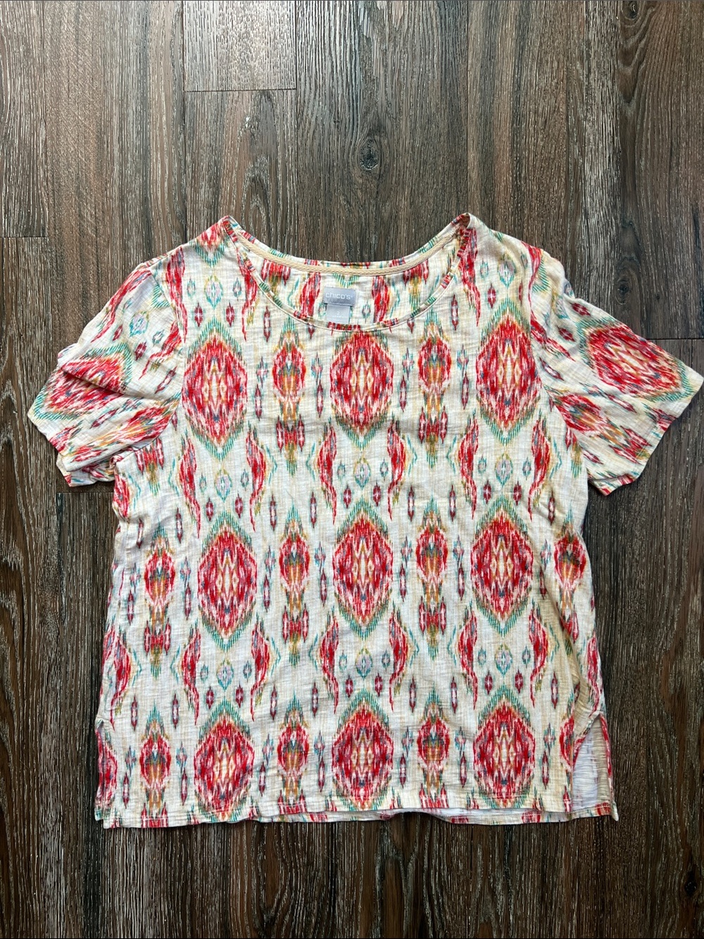 Chico's Cream Short-Sleeve Top with Red & Teal Ikat Print Size 2